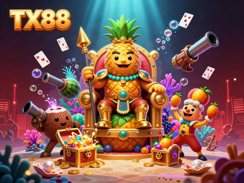 Experience the excitement of TX88 casino games with our vibrant 3D beach scene illustration.