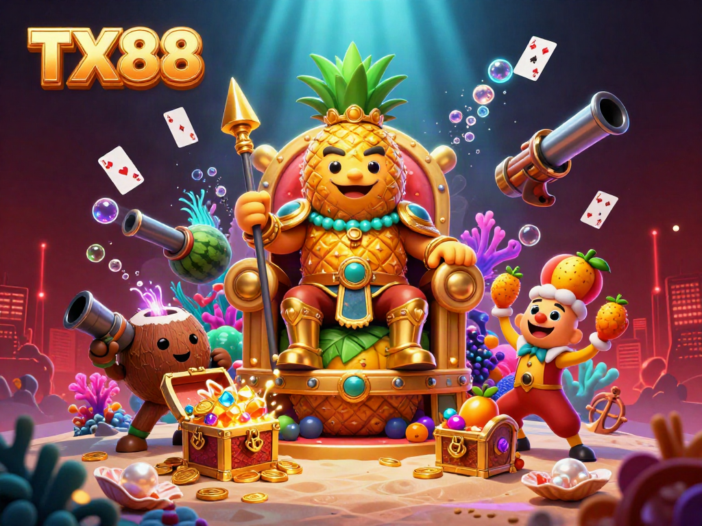 Experience the excitement of TX88 casino games with our vibrant 3D beach scene illustration.
