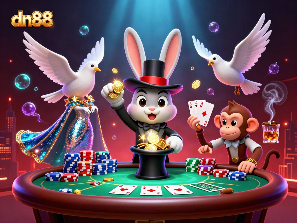 Experience thrilling wins at dn88 with a vibrant casino scene featuring poker chips and magical gameplay elements.