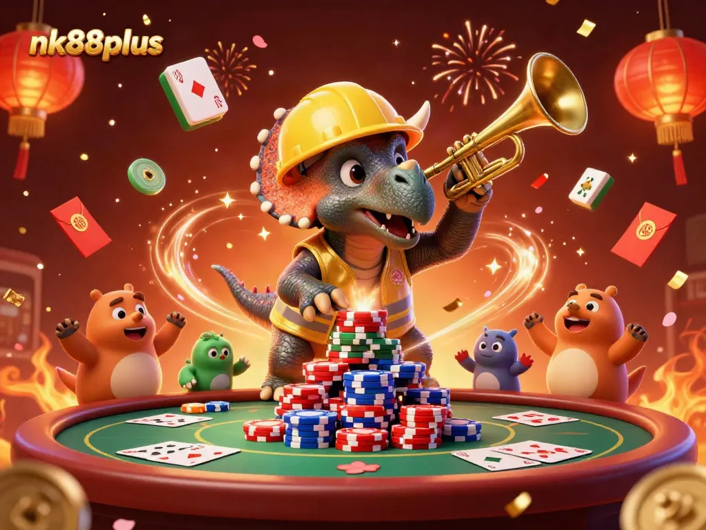 Engage with nk88plus as cartoon triceratops builds poker chip pyramid amidst celebration.