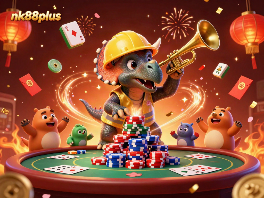 Engage with nk88plus as cartoon triceratops builds poker chip pyramid amidst celebration.