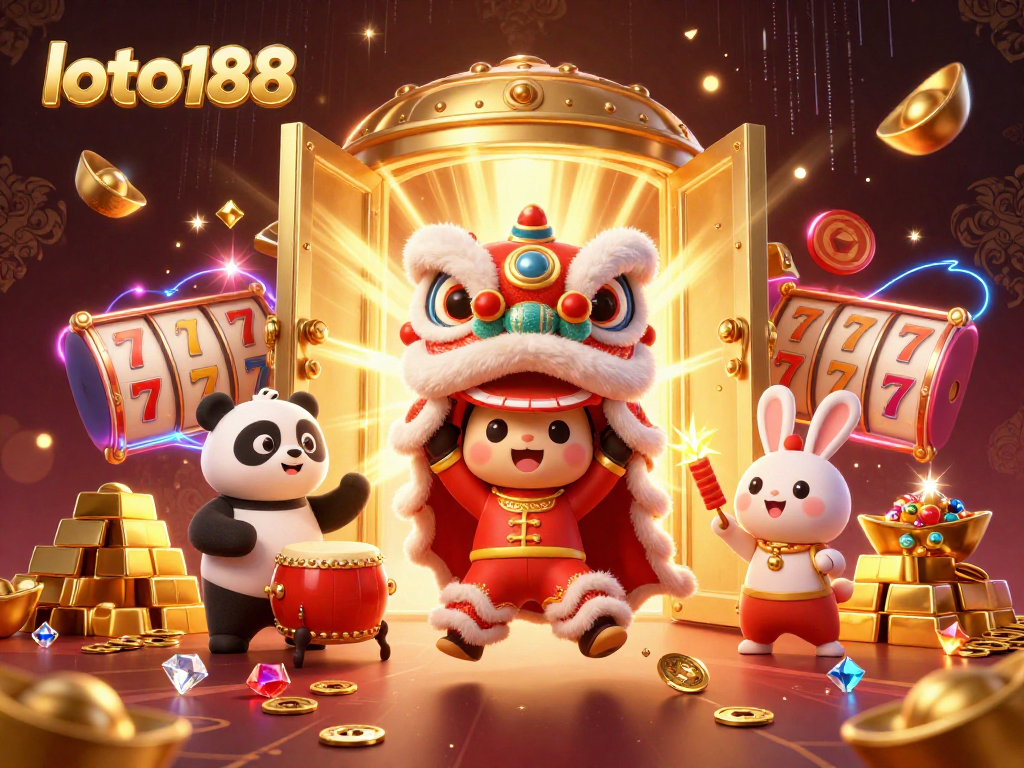 Experience the excitement of loto188 with a vibrant lion dance, gold treasures, and casino elements.