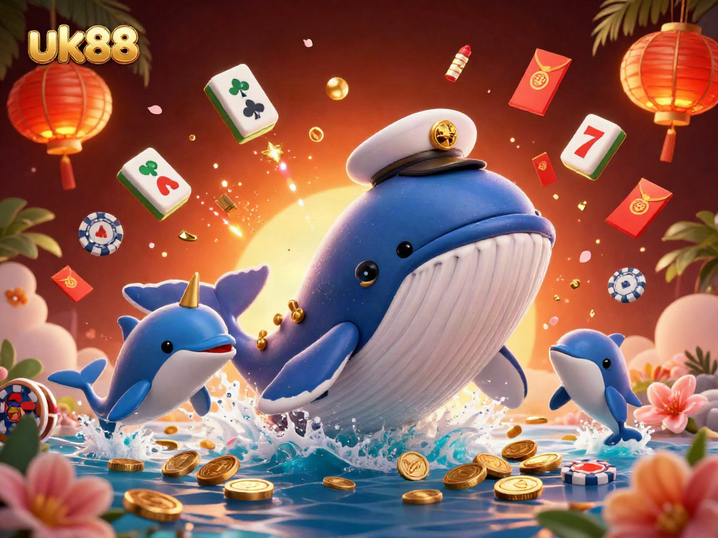 Experience thrilling gaming action with uk88 in this vibrant 3D casino scene featuring animated sea creatures.