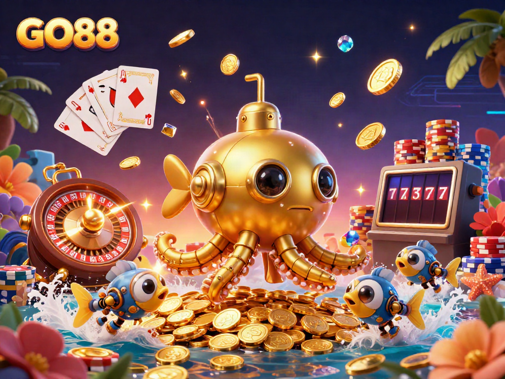 Experience the thrill of GO88's vivid casino scene with a golden kraken submarine amidst cascading coins.
