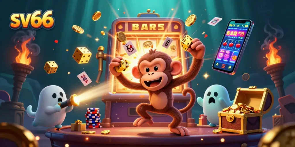 Experience the thrill of sv66 with a playful poltergeist monkey in a haunted casino.