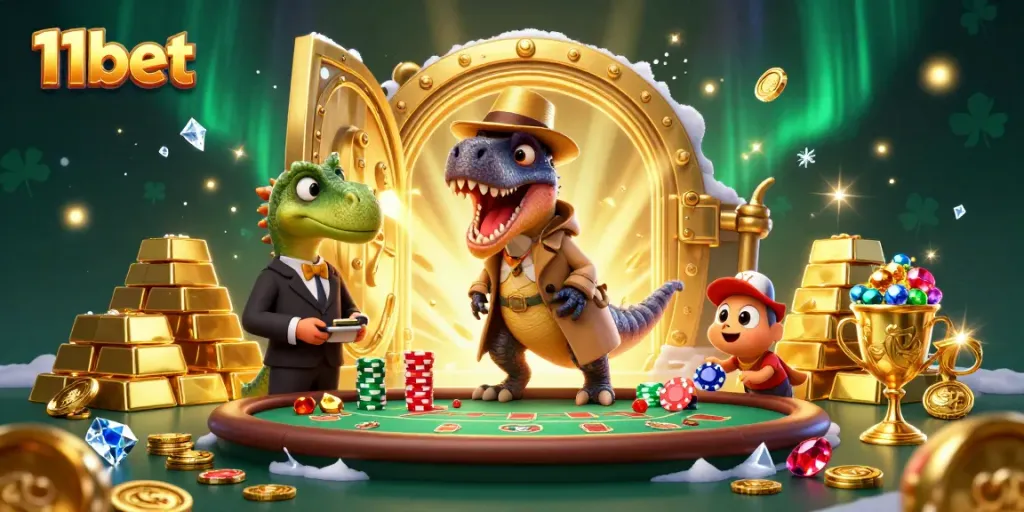 Experience thrill with 11bet at the blackjack table featuring a velociraptor card counter.