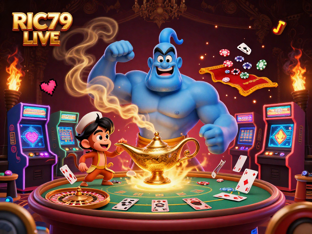 Experience the thrill of RIC79 LIVE with a vibrant scene featuring a genie, monkey, and magical elements.