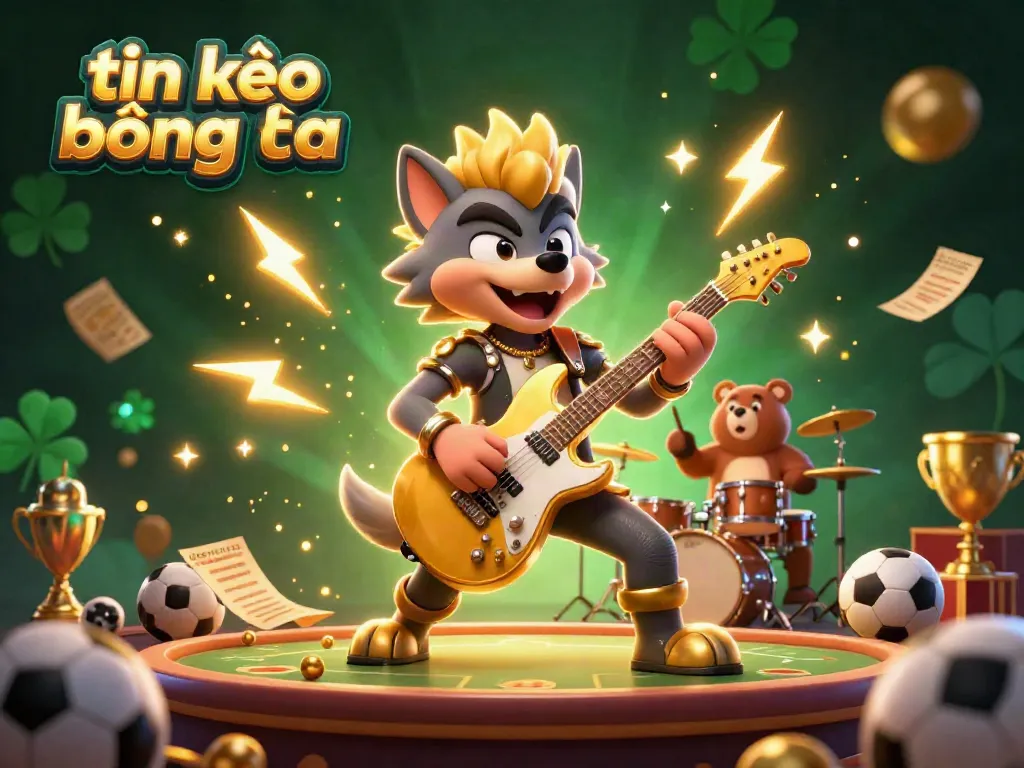 Engage with tin kèo bóng đá through dynamic betting scenes featuring a rock star wolf and trophy elements.