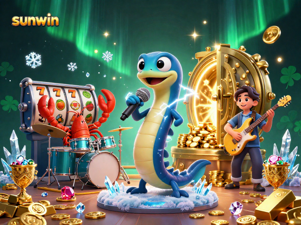 Experience sunwin's vibrant underwater casino stage with the electric eel DJ and dynamic gaming elements.