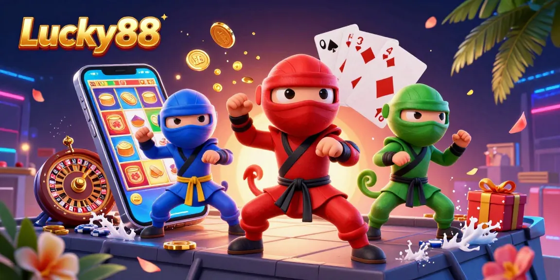 Experience Lucky88 thrills with a vibrant scene of 3D cartoon ninja chameleons in action around casino games.