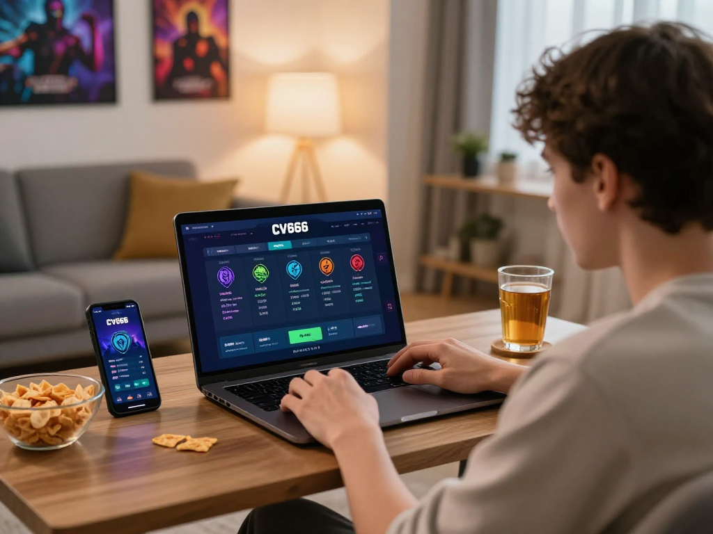 Engaged user placing bets on CV666 platform in a cozy home gaming setup.