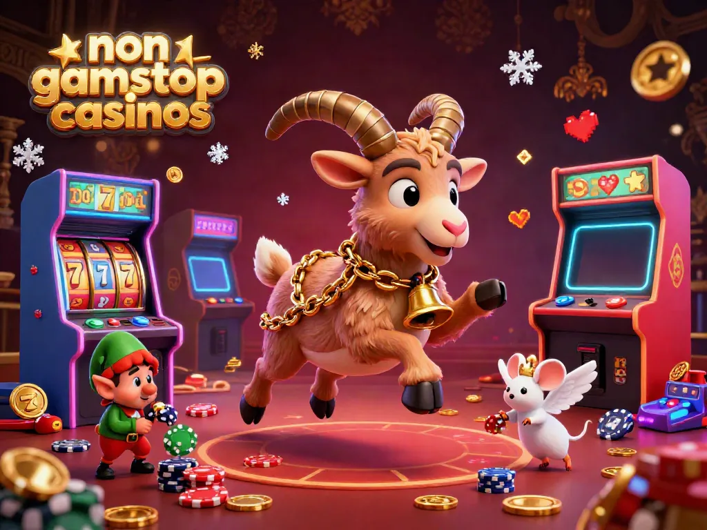 Experience lively gaming at non gamstop casinos with a whimsical casino scene featuring a Krampus goat, angel mouse, and mischievous elf gremlins.