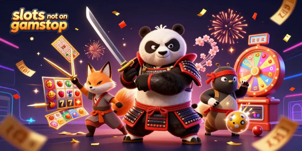 Experience vibrant action with slots not on gamstop, featuring animated slot reels and dynamic characters.
