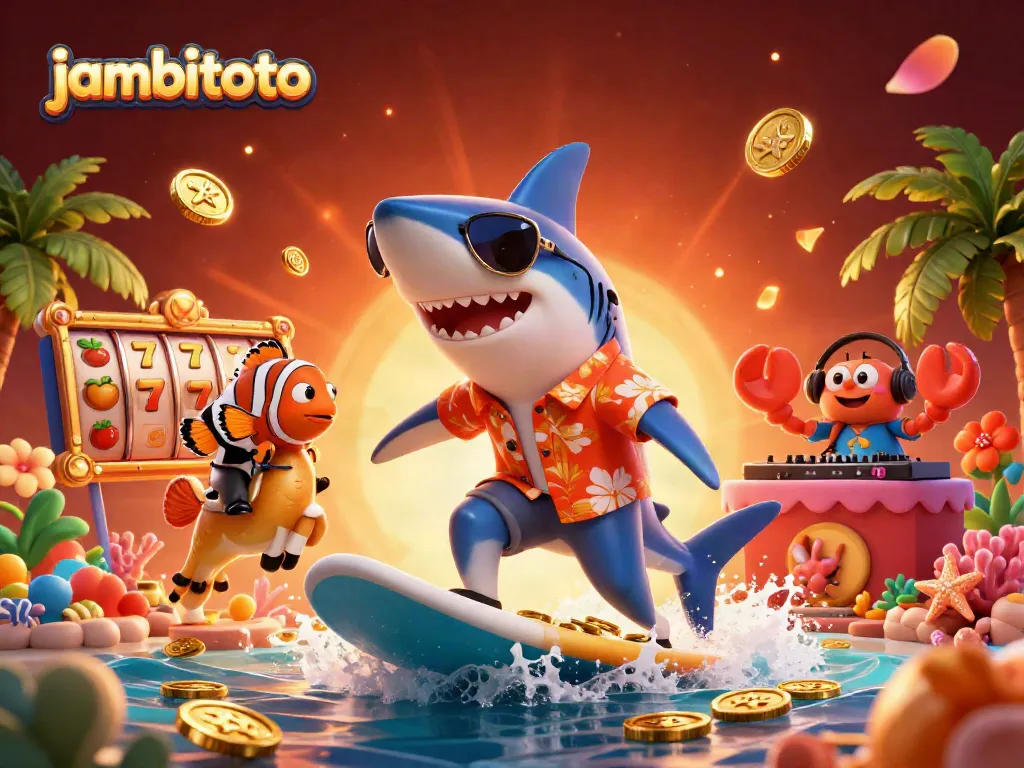 Experience the thrill of jambitoto with animated characters surfing on coins amidst vibrant casino elements.