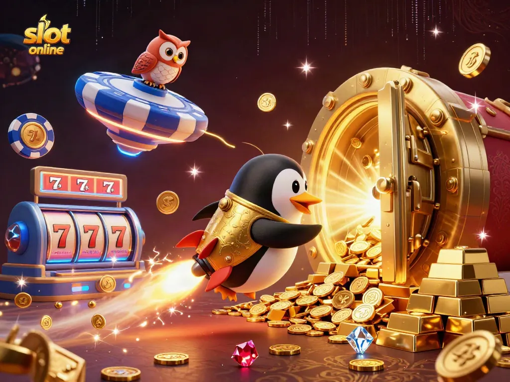 Experience the excitement of slot online with an illustrated penguin and casino elements.