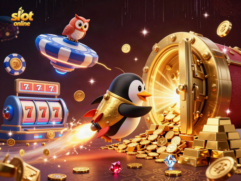 Experience the excitement of slot online with an illustrated penguin and casino elements.