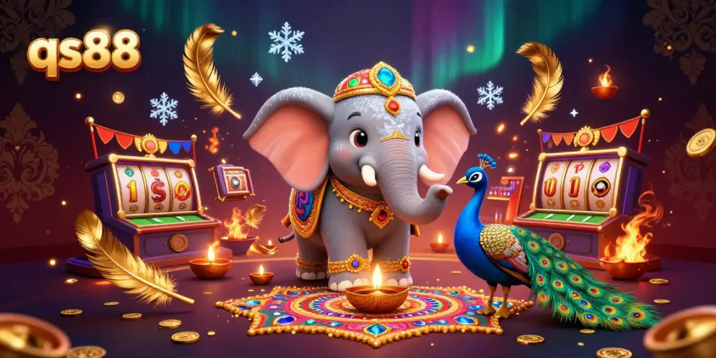 Experience exciting gameplay at qs88 with vibrant elements of slot machines and a colorful Diwali-themed celebration.