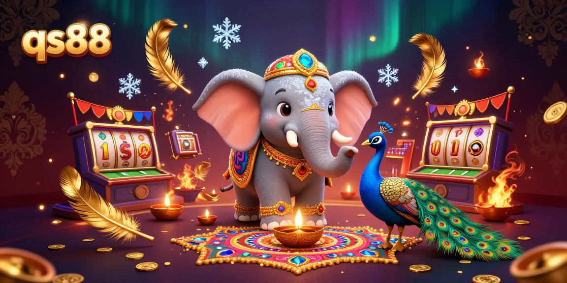Experience exciting gameplay at qs88 with vibrant elements of slot machines and a colorful Diwali-themed celebration.