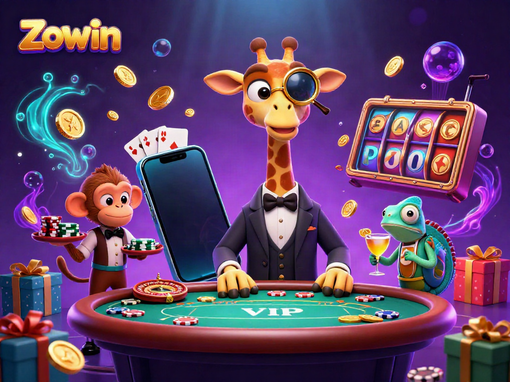 Zowin gaming fun with a high-roller giraffe, monkey valet, and chameleon bartender in a vibrant casino scene.