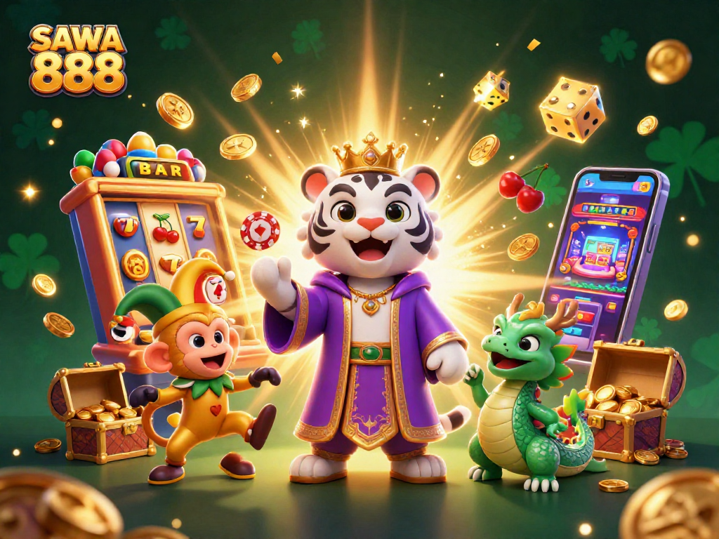 Engage in the fun at SAWA 888 with a vibrant 3D scene showcasing playful casino elements and characters.