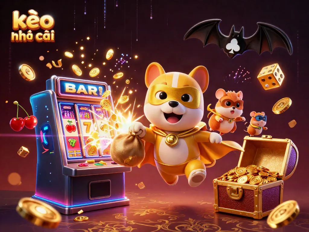 Experience the excitement of kèo nhà cái with a superhero dog flying over rich casino elements, capturing the thrill of gambling.