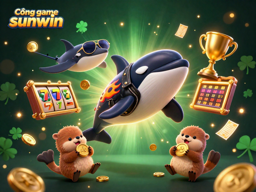 Cổng game sunwin brings excitement with orca whale and otters amidst slot icons and golden coins.