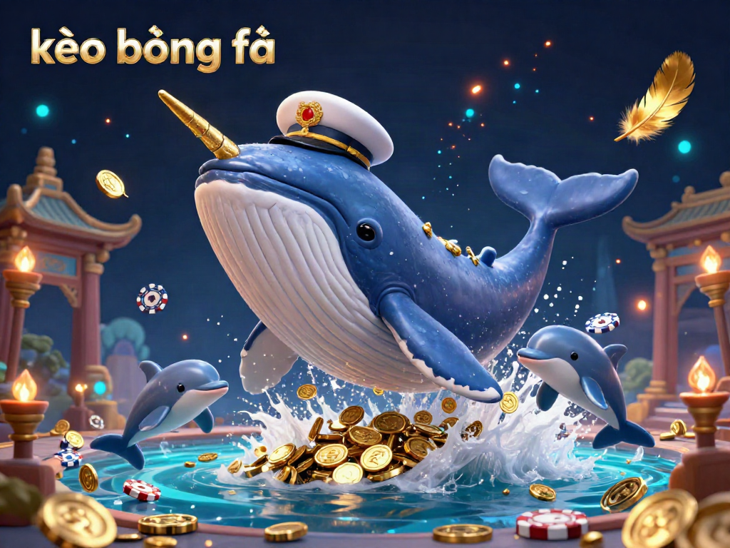 Experience immersive betting excitement with kèo bóng đá as a 3D whale and dolphins play amidst coins and poker chips.