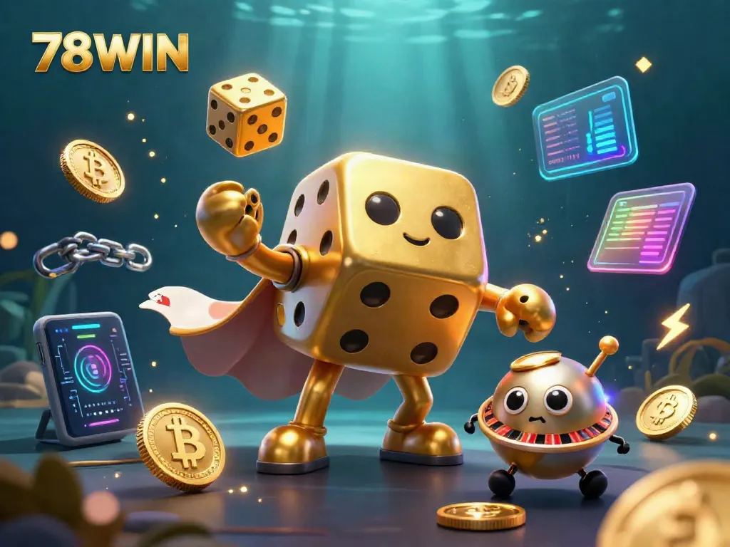 Experience thrilling moments with 78WIN in this dynamic casino scene featuring a golden dice golem and vibrant wagering elements.