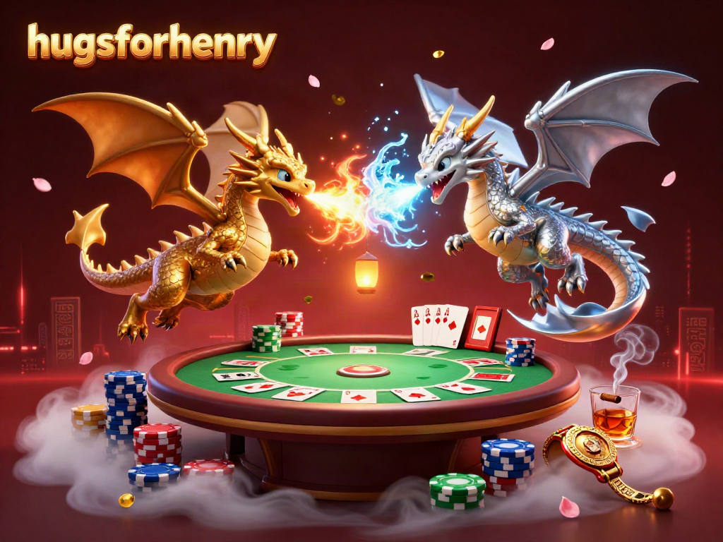 Engage in thrilling gameplay with hugsforhenry as gold and silver dragons battle amid poker chips and cards.