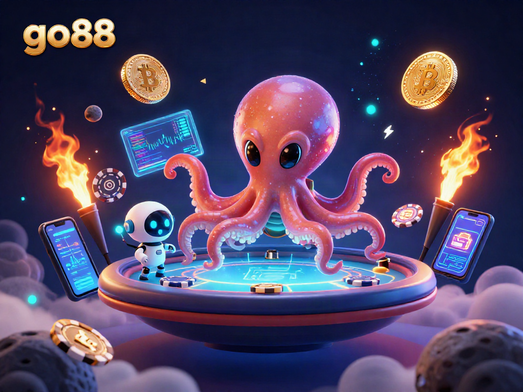 Engage with go88 at a vibrant holographic poker scene with an alien octopus and crypto elements.