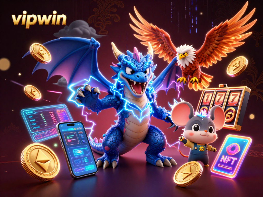 Engage with vipwin's thrilling world featuring a vibrant casino scene with electric characters and crypto elements.