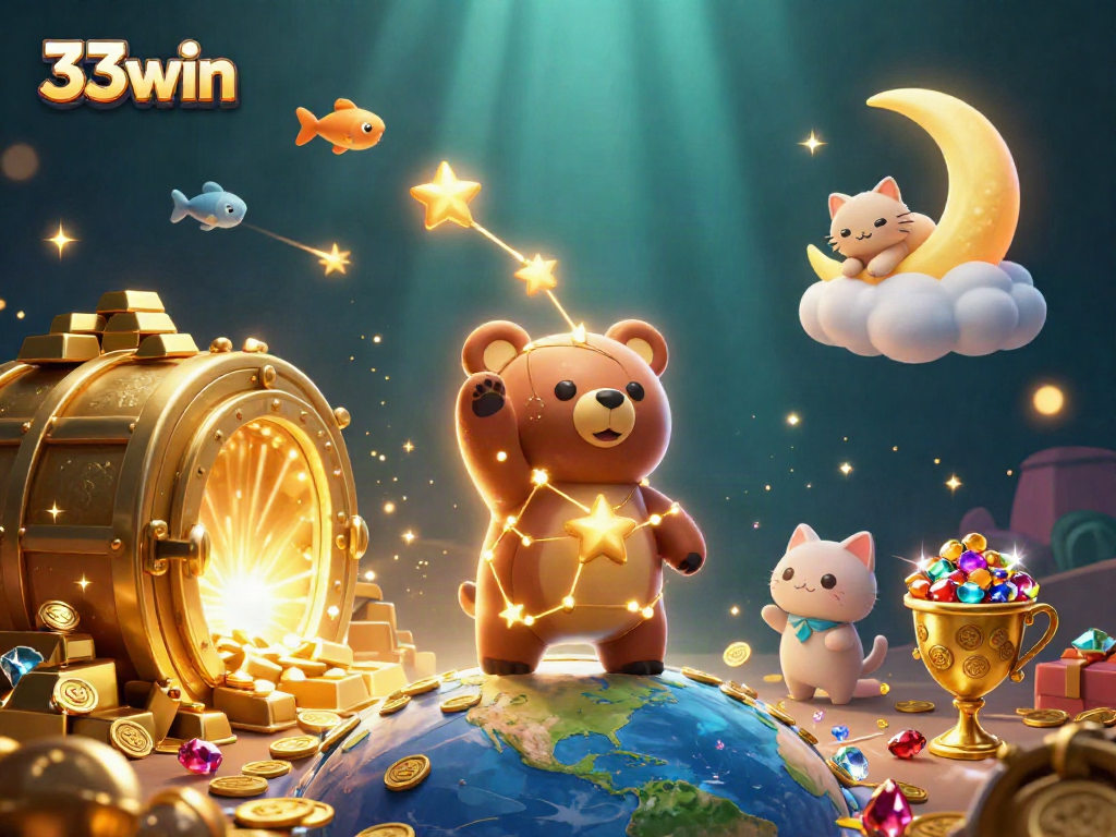 Win big with 33win's colorful 3D casino scene featuring exciting treasure and vibrant characters.