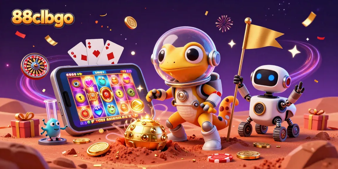 Experience adventure with 88clbgo as a Martian gecko finds a hidden casino in a vibrant illustration.