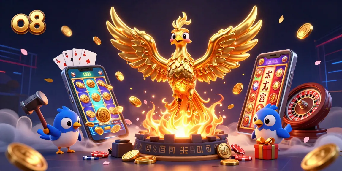 Play the exciting o8 online casino with a golden phoenix emerging, surrounded by rich gaming elements.