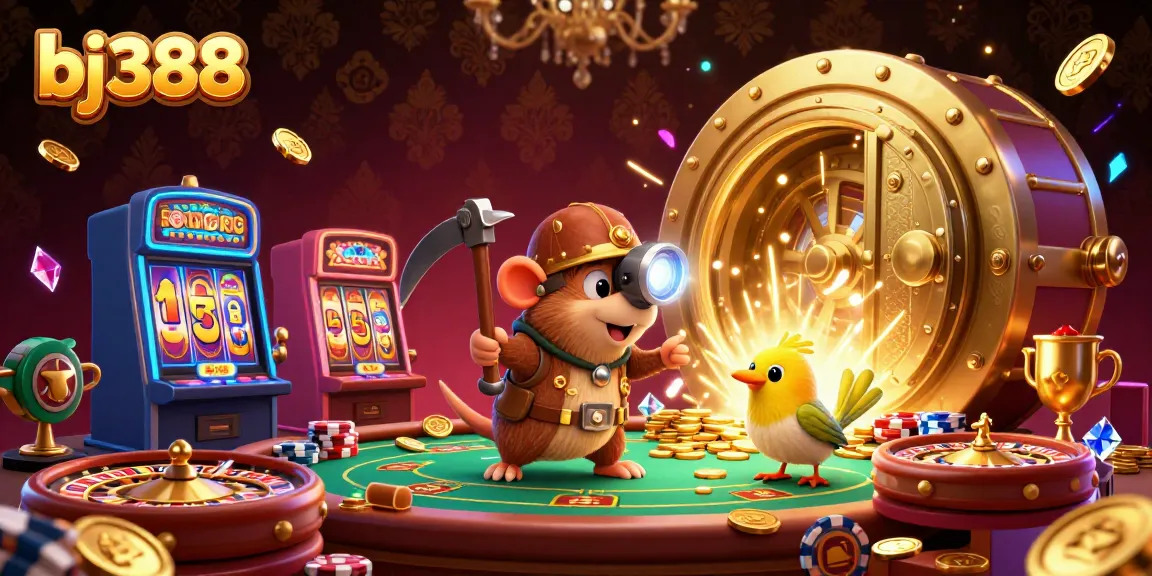 Bettors enjoy vibrant gameplay at bj388 with sparkling chips, dynamic game elements, and a treasure-themed background.