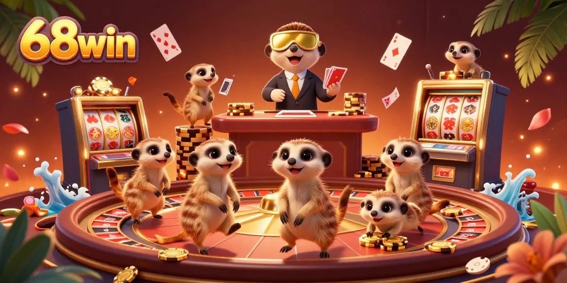 Experience thrilling gaming at 68win with meerkats running a vibrant casino environment.