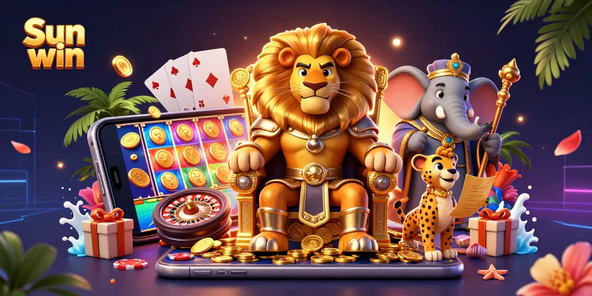 Spin to win with Sun win in this vibrant illustration showcasing lively casino elements and characters.