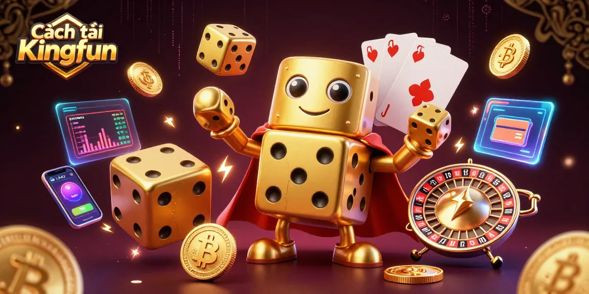 Engaging illustration showing Cách tải Kingfun with dynamic casino elements and golden dice.