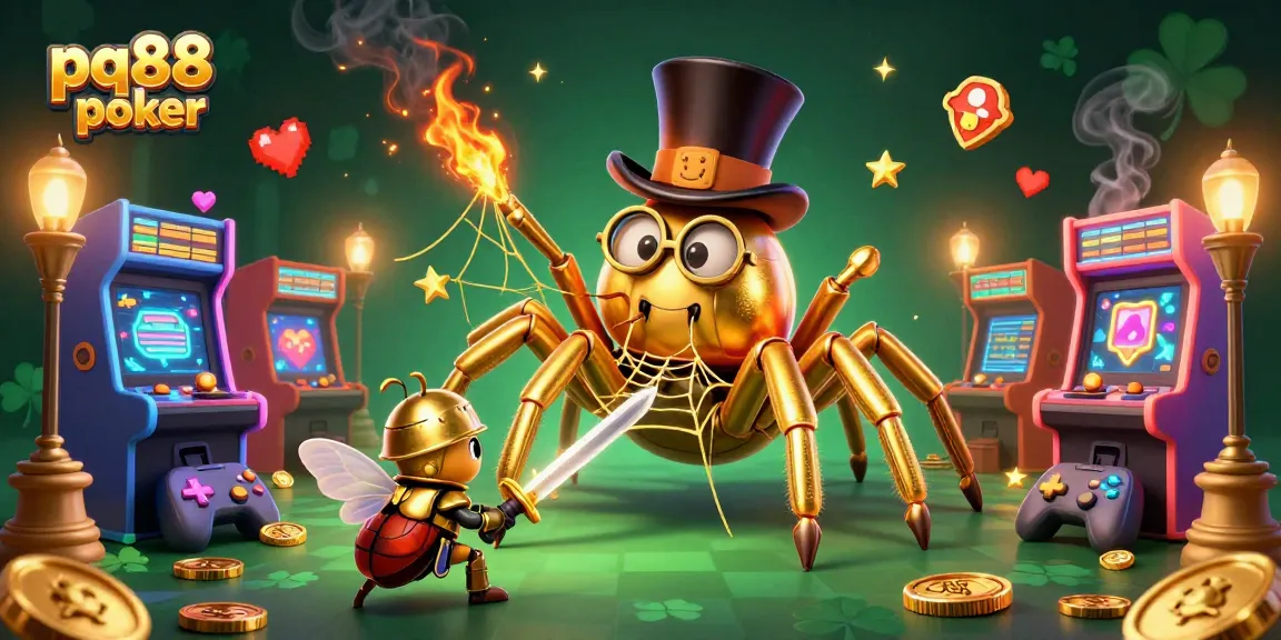 Experience the thrill of pq88 poker with a golden tarantula weaving golden threads in a dynamic casino scene.