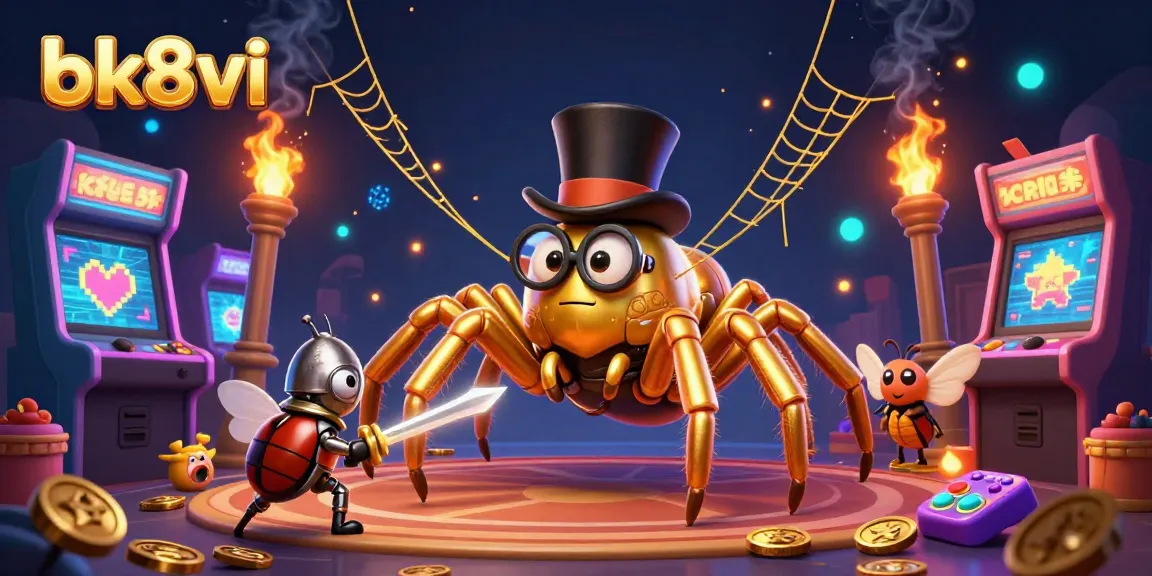 Engage in thrilling gameplay with bk8vi's giant golden tarantula and beetle knight in a vibrant casino atmosphere.