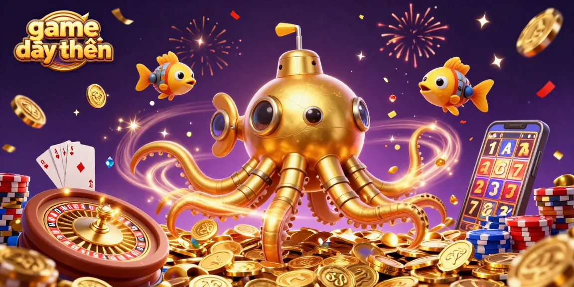 Experience thrilling game đổi thưởng with a golden kraken submarine and sparkling casino elements.