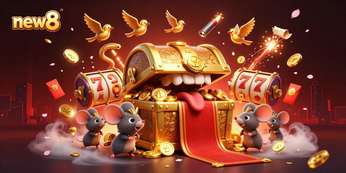 Experience the thrill of gaming with new8's vibrant 3D illustration featuring treasure and luck.