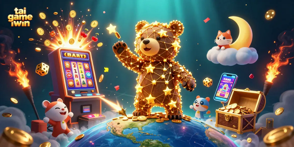 Tai game iwin brings excitement with a colorful casino scene featuring golden stars, slot machines, and dynamic game elements.