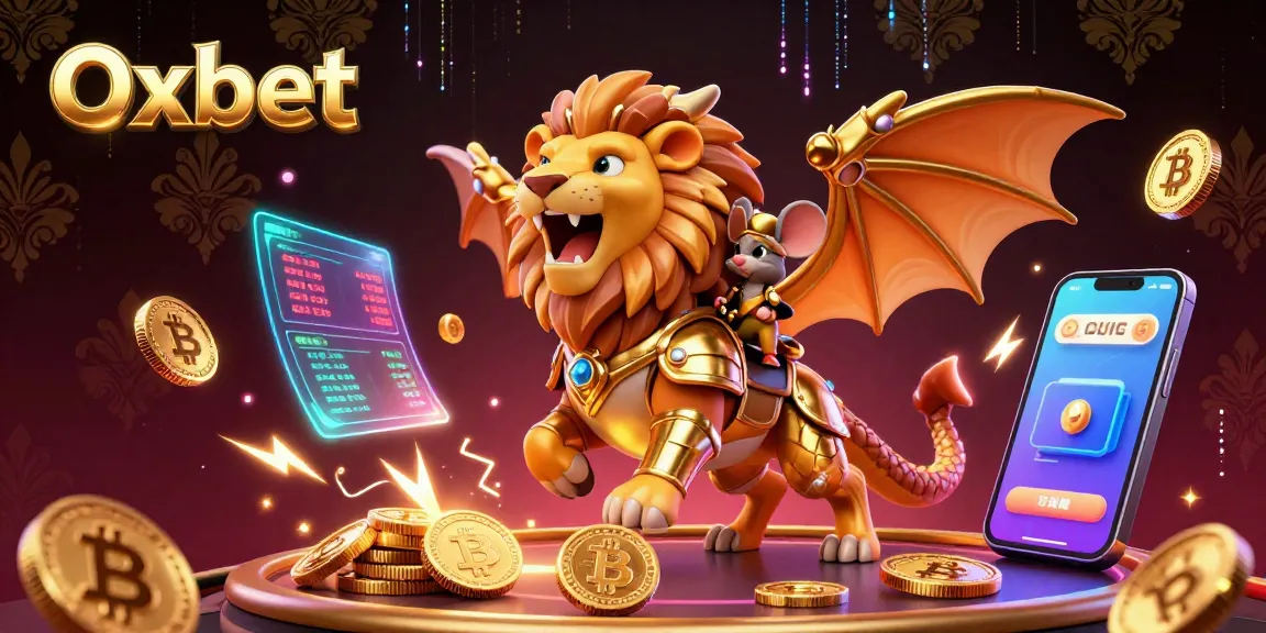 Experience the excitement of Oxbet with a vibrant casino scene featuring a chimera creature, crypto coins, and holographic elements.