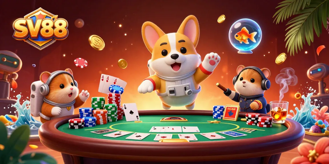 SV88 astronaut corgi floats in a casino, surrounded by vibrant poker elements for gamblers.