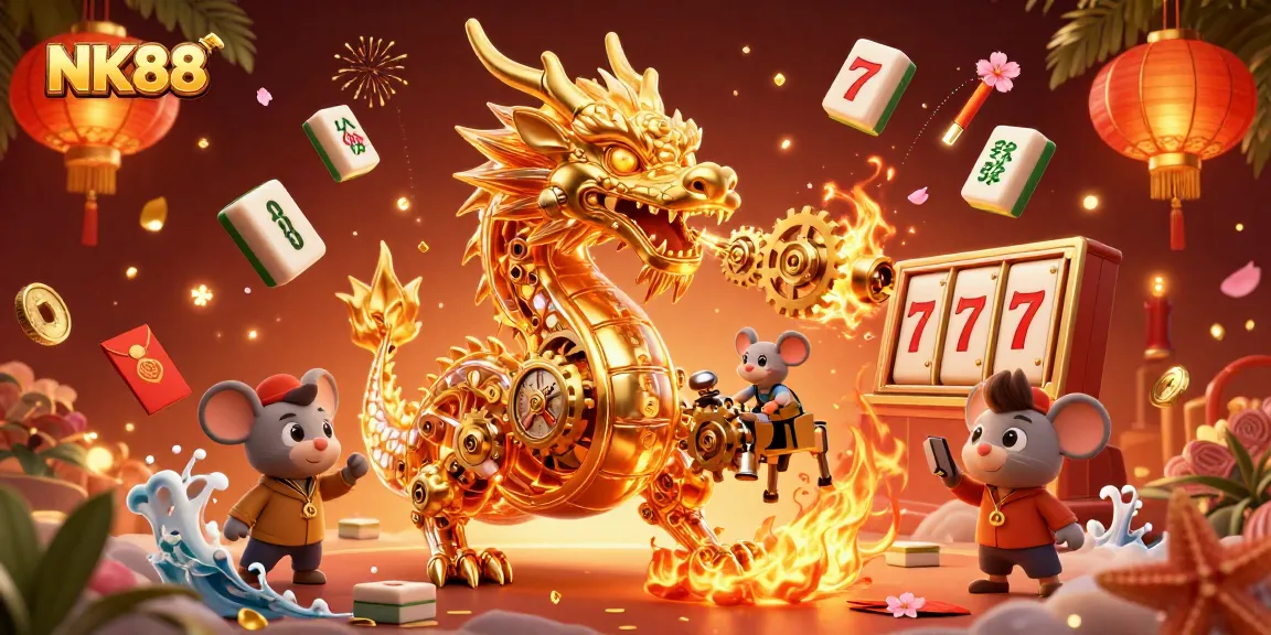 Experience entertainment at NK88 with a golden dragon and vibrant casino game elements.