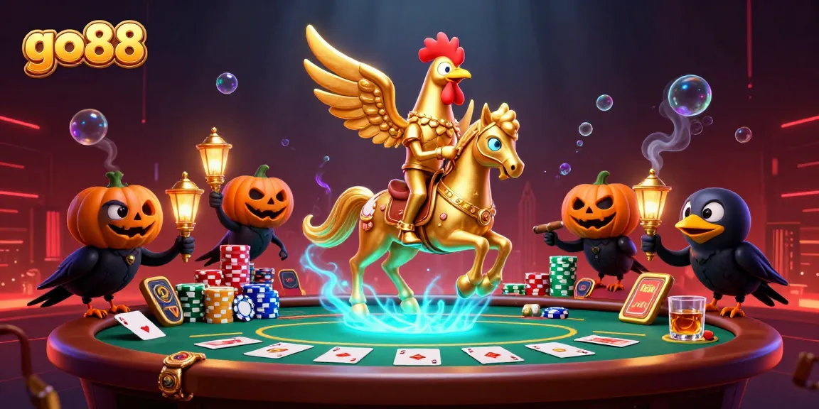 Experience go88's thrilling casino adventures with the golden rooster in a midnight gaming scene.