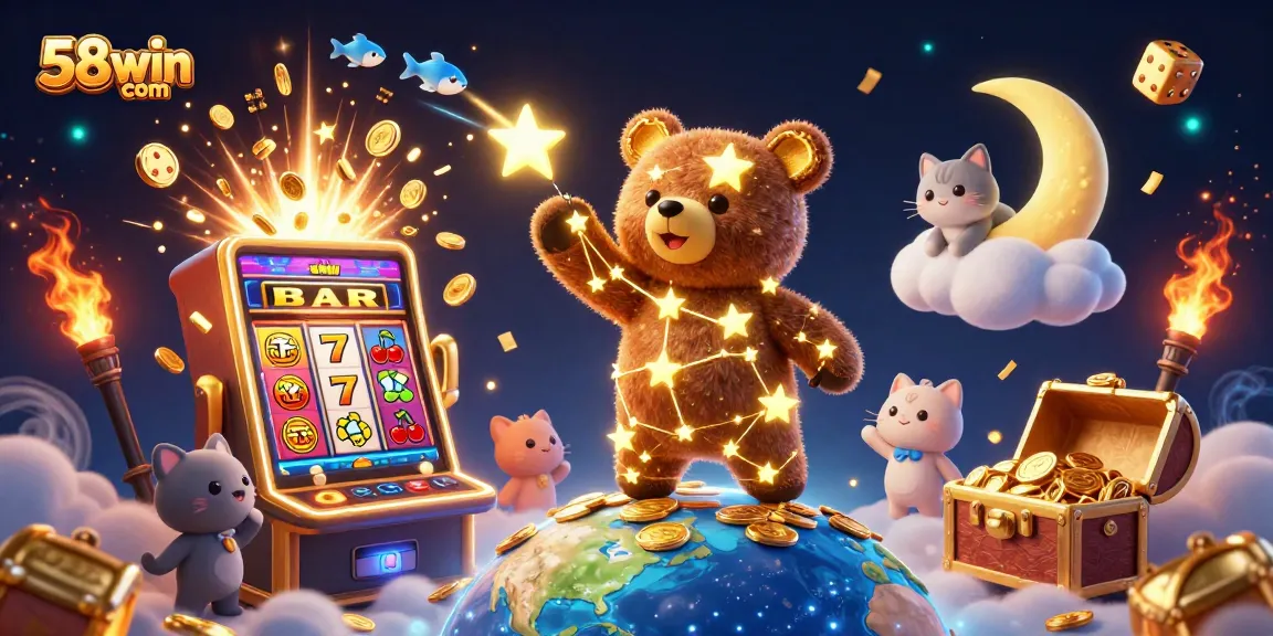 Experience thrilling gaming at 58win com, featuring vibrant slot machines and animated casino elements.
