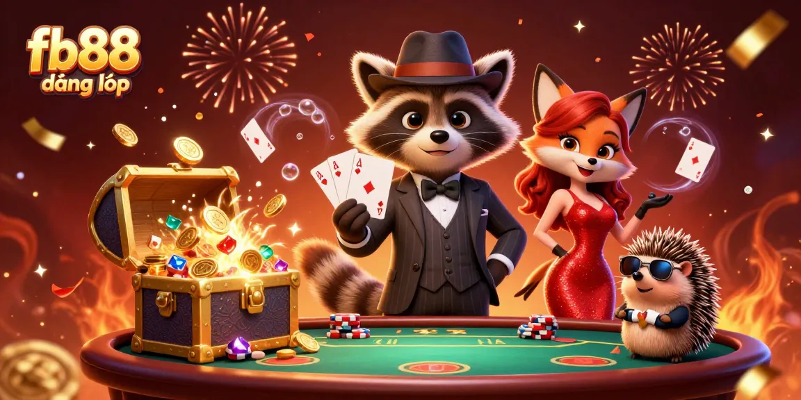 Join the excitement with fb88 đăng nhập featuring a suave raccoon, charming fox, and hedgehog bouncer, surrounded by poker elements.