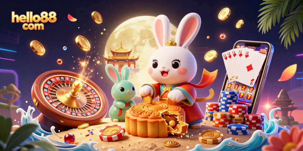 Experience the vibrant world of hello88 com with a moon rabbit revealing poker chips amidst dazzling casino treasures.
